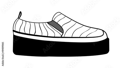 Line outline illustration of platform slip on sneakers with elastic side panel. Vector illustration of modern casual footwear isolated on a white background.