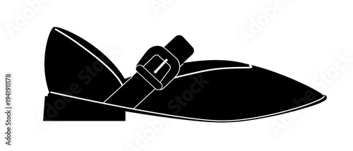 Black silhouette of pointed Mary Jane flats with buckle strap and low heel. Vector illustration of elegant fashion footwear isolated on a white background.