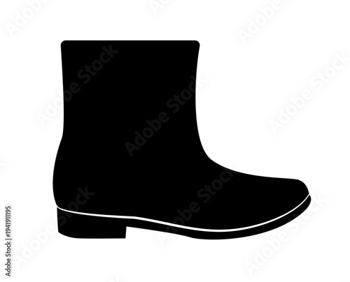 Black silhouette of rubber rain boot designed for wet weather protection. Vector illustration of waterproof footwear isolated on white background.
