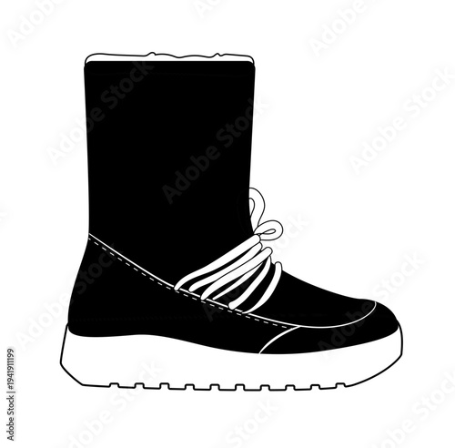Outline vector illustration of puffer winter boots with thick insulated shaft and heavy sole. Warm cold weather footwear isolated on white background.