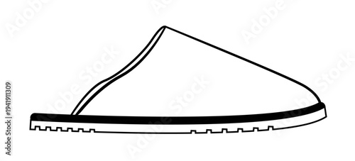 Line outline illustration of soft house slippers with closed toe and open back. Vector illustration of comfortable home footwear isolated on a white background.