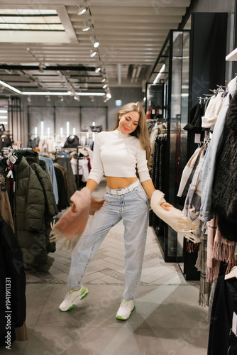 Happy Customer Holding Long Soft Scarf in Store