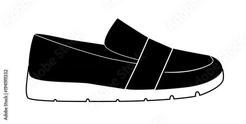 Black silhouette of sport slip on sneakers with elastic strap. Vector illustration of modern casual footwear isolated on a white background.