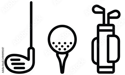 Golfing equipment vector illustration featuring golf club driver, tee, and bag with various golf clubs, perfect for golf enthusiasts and sports-related designs.