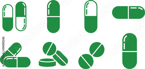 Collection of various green pill and capsule icons with transparent background for medical or pharmaceutical use