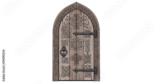 A single arched wooden door with a pointed top and intricate Celtic knot carvings is adorned with dark metal hinges and a ring knocker.
