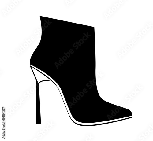 Silhouette illustration of stiletto ankle boots with pointed toe and high heel. Elegant fashion footwear vector illustration isolated on white background.