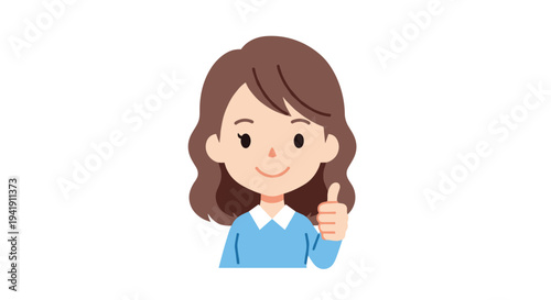 A cartoon-style woman with wavy brown hair and a light blue sweater smiles gently, giving a distinct thumbs-up gesture on a clean white background.