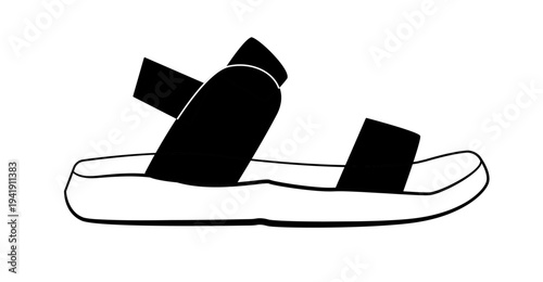 Black silhouette of an open sandal with wide straps and flat sole. Minimal vector illustration of summer footwear isolated on white background.