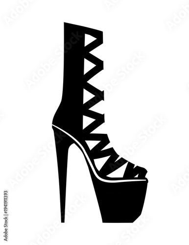 Silhouette illustration of women strappy high heel boots with cutout design and stiletto heel. Fashion footwear vector illustration isolated on white background.