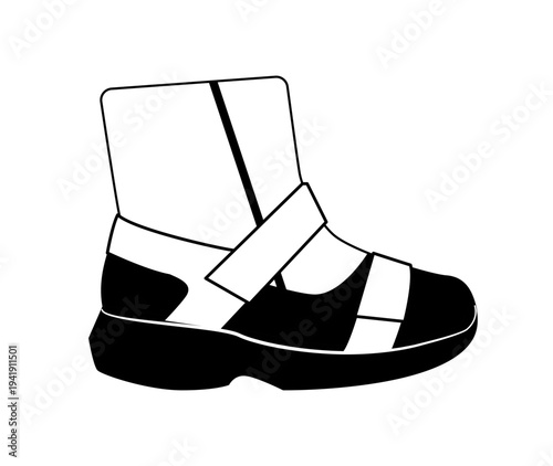 Black silhouette of a winter boot with velcro straps and thick sole. Vector illustration of practical cold weather footwear isolated on white background.