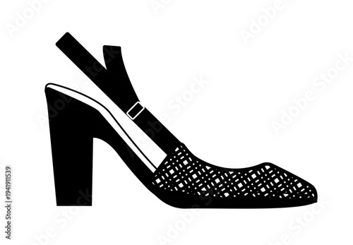 Line outline illustration of women high heel shoes with woven upper and ankle strap. Stylish fashion footwear isolated on white background.