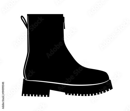Silhouette illustration of ankle boots with side zipper and low heel with lug sole. Fashion footwear vector illustration isolated on white background.