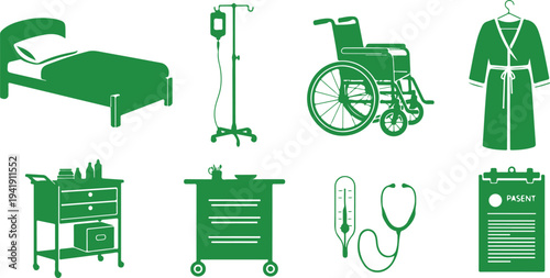 Medical and hospital equipment icons featuring bed wheelchair gown stethoscope and patient chart isolated on transparent background