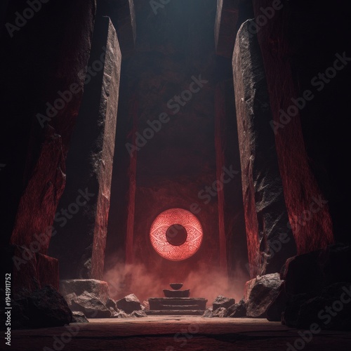 Esoteric Gateway: An enigmatic and surreal scene unfolds within a cavernous chamber, where an ethereal object pulsates with an unearthly glow.