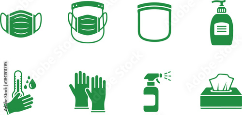 Set of hygiene and safety icons featuring protective face masks gloves sanitizer spray thermometer and soap isolated on transparent background