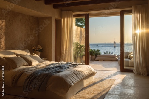 Serene Seascape Bedroom: An elegant bedroom seamlessly blends indoor comfort with breathtaking outdoor views, offering a tranquil space to relax.