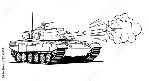 Tank firing vector illustration, military vehicle shooting, smoke and motion lines, detailed turret and tracks