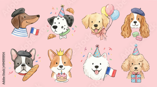 Watercolor cute dog portraits set in French style with party hats, cake, gifts and balloons. Collection of Vector illustrations. Perfect for invitation, card, poster, banner, decoration