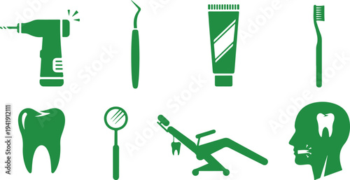 Collection of dental care and dental treatment icons featuring tools and procedures isolated on transparent background