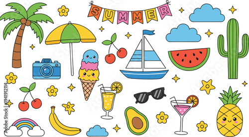 Cute colorful summer vacation vector icon set featuring tropical palm trees ice cream sailboat fruits and beach accessories.
