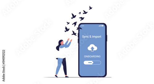 Vector illustration of woman syncing data on smartphone