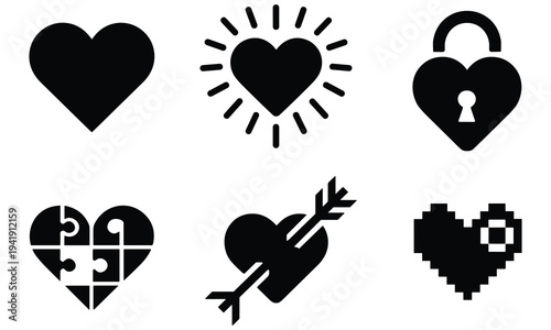Collection of black heart icons in various designs and symbols on a white background representing love and affection in vector graphic illustrations.