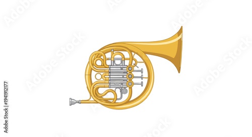A detailed golden French horn with silver valves and tubing is prominently displayed, facing right, on a clean white background.