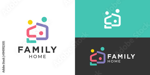 Creative simple family home logo template. Abstract house with people, human person teamwork leadership logo design vector illustration.