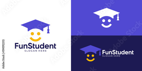Creative simple fun student logo template. Graduation hat with smiling face person logo design vector illustration.