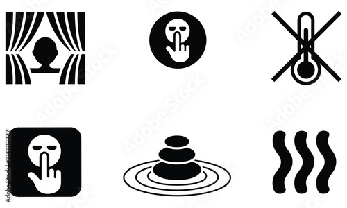 Collection of black and white vector icons representing silence and relaxation for web and mobile applications in various shapes and designs.