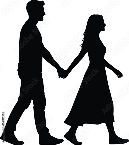 Silhouette of a romantic couple walking and holding hands on white background.