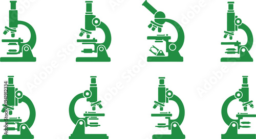 Set of eight different green microscope icons with transparent background for scientific and educational use