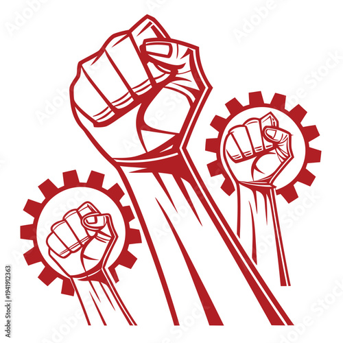 Revolutionary symbol of fists and gears for labour day and unity
