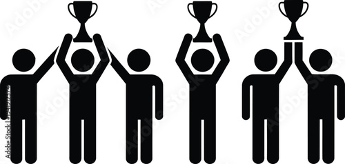 Group of people holding trophies celebrating their achievements together