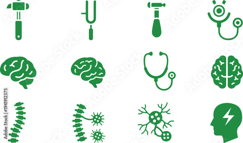 Set of medical and scientific icons depicting tools instruments brain neurons and health concepts isolated on transparent background