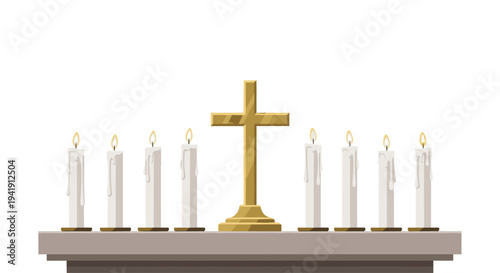 A prominent golden cross with a detailed base is centrally positioned, flanked by eight tall, white, lit candles on a light gray surface against a white background.