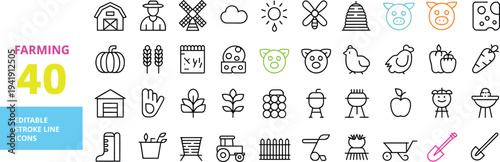 Collection of 40 Editable Stroke Line Related to Farming and Agriculture with Various and Animals