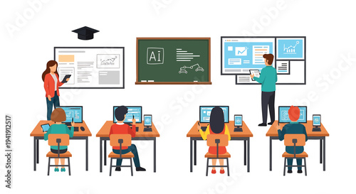 Vector illustration of students and teachers in classroom with computers and blackboard