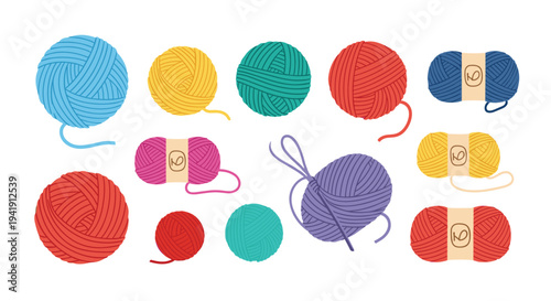 A diverse collection of colorful yarn balls, some loose and some with labels, are scattered across a plain white background.