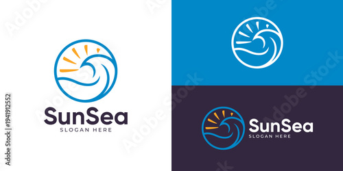 Creative simple sun sea logo template. Wave with sun beach, surfing summer logo design vector illustration.
