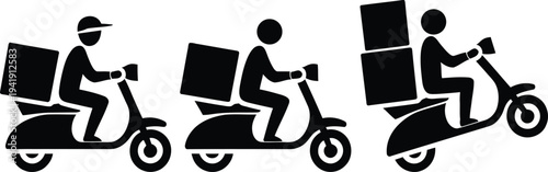 Three delivery workers on scooters carrying packages in a row