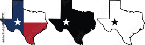 Three different colored outlines of the state of texas with a star in the center