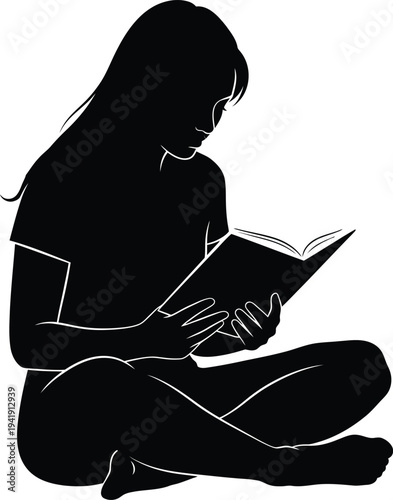 Girl reading a book in sitting position, education and lifestyle vector silhouette