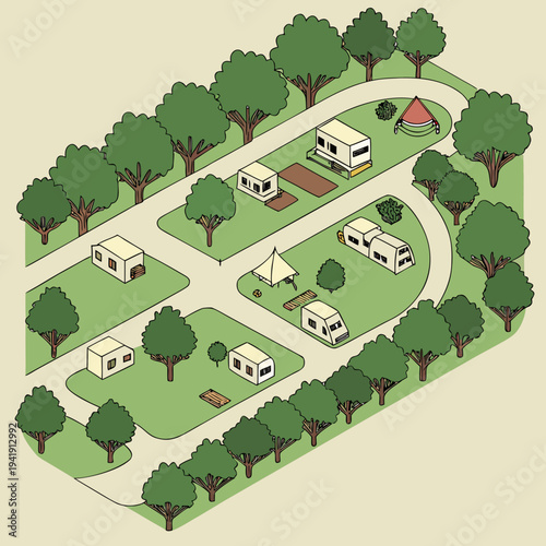 Aerial isometric view of a large campsite with tents, caravans, picnic areas, and surrounded by lush trees