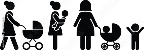 Diverse family members with children and baby strollers in silhouette