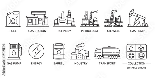 Oil and Gas Industry Icons – Fuel, Refinery, Petroleum, Transport, Energy