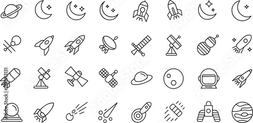 Collection of black and white line featuring space-related and line rocket satellite planet
