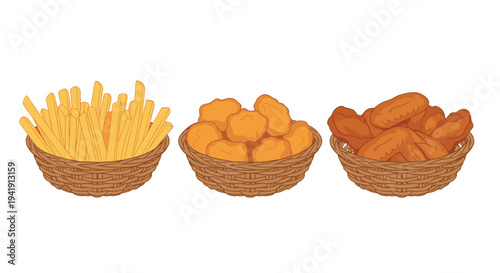 Three distinct woven brown baskets are arranged horizontally, each filled with golden French fries, chicken nuggets, and chicken wings.