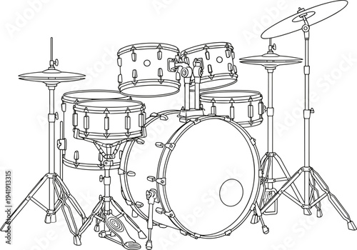 Black and White Line Art Illustration Of A Professional Drum Kit Featuring Bass Drum Snare Toms Cymbals And Hi-Hat For Music Education